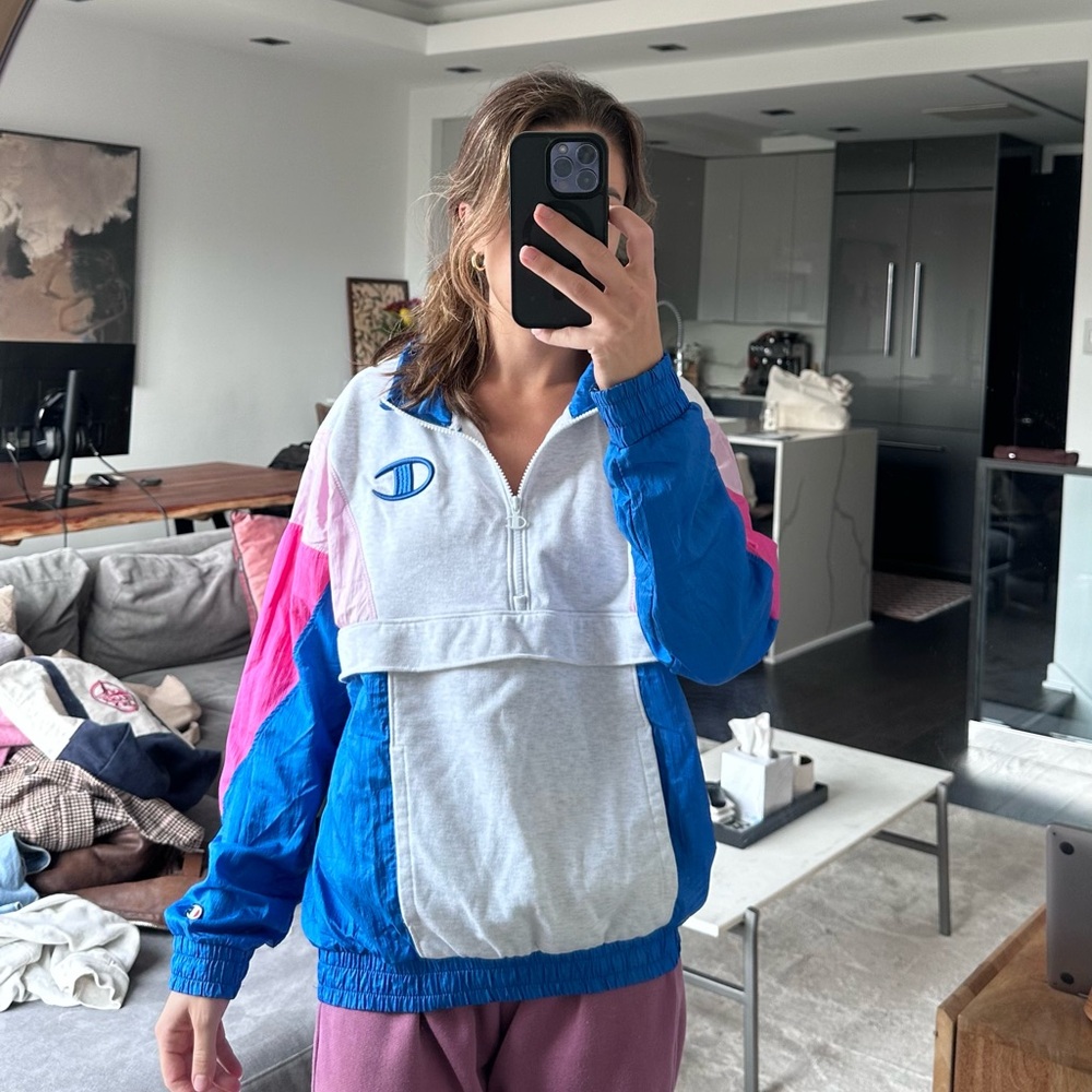 Champion Colorblock Half-Zip Windbreaker Pullover | Retro 90s Track Jacket Large